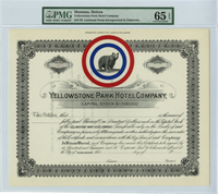 Yellowstone Park Hotel Co. - Unissued Stock Certificate - PMG 65 EPQ Gem Uncirculated